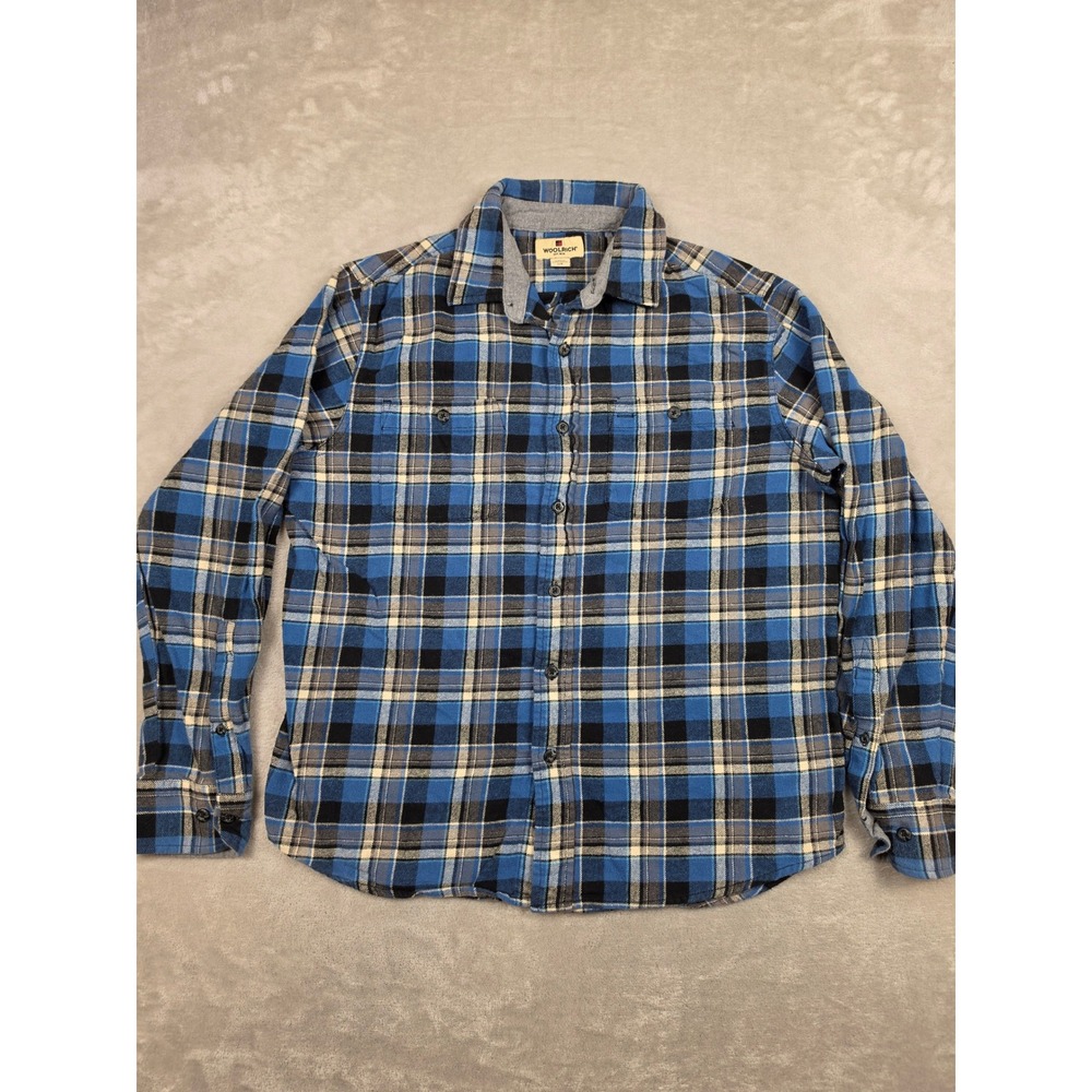 Woolrich‎ Flannel Shirt Mens L Blue Plaid Long Sleeve Button Up *Read